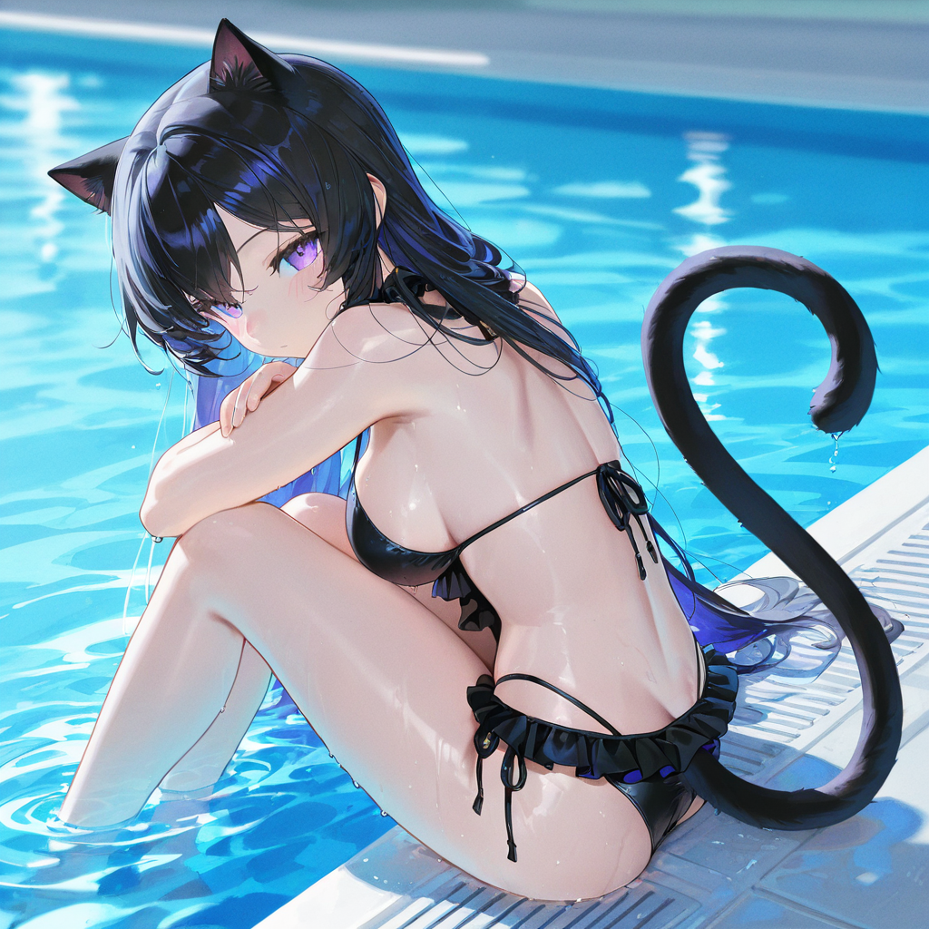 Calista is wearing a black frilly bikini.